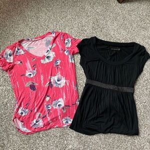 Lot of Two Medium Shirts - Pink Floral and Black Tie Waist